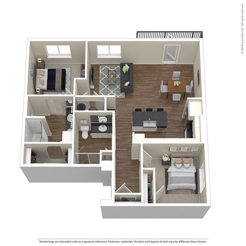 A 3D floor plan of a house with a kitchen, living room, dining room, and bedrooms.